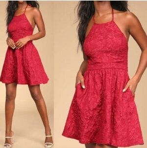 Lulus Maniju Love The Party Burgandy Jacquard Mini Dress With Pockets